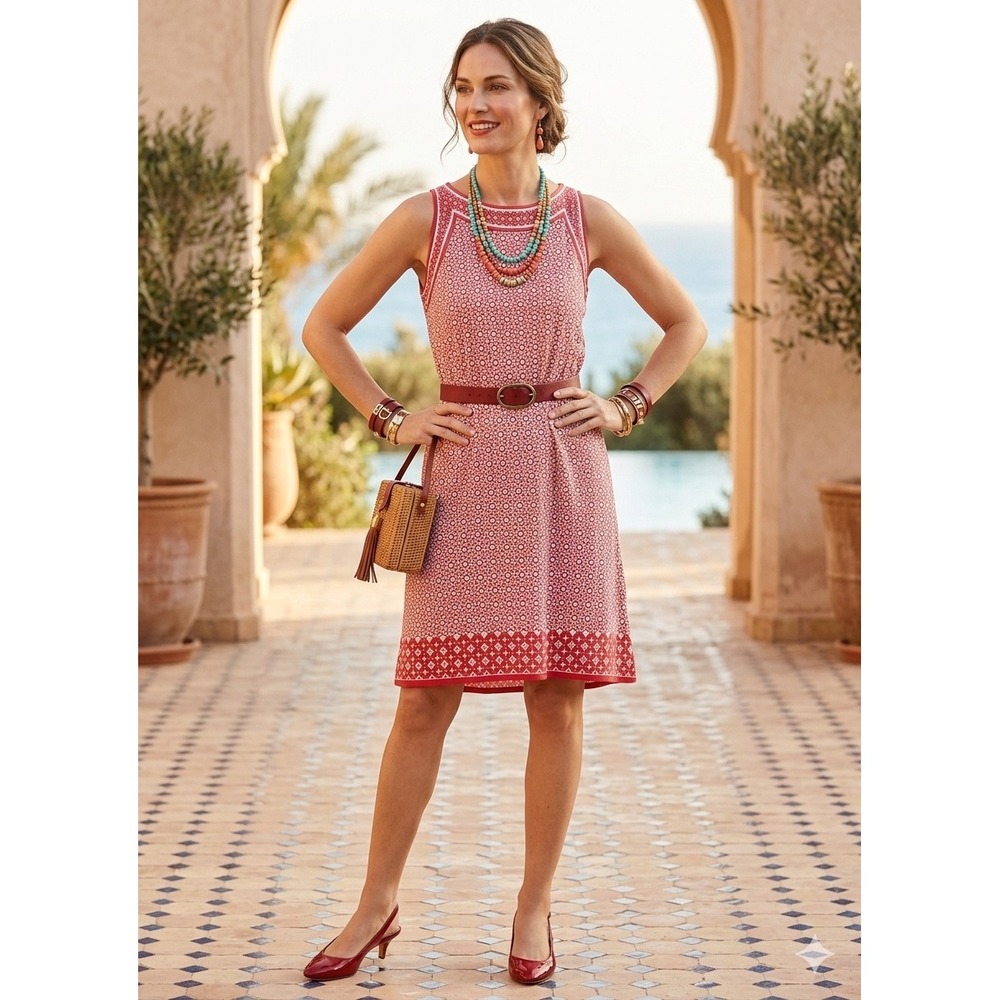 Max Studios Red White Geometric Floral Tile Print Sleeveless Dress 7904W69